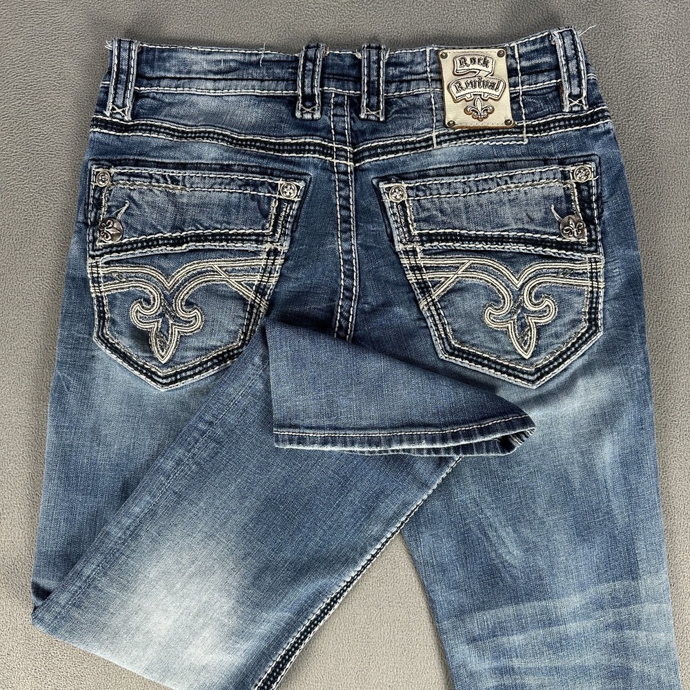 Rock Revival Jeans 34x30 Blue Mannix Bootcut Distressed Embroidered Pocket Y2K